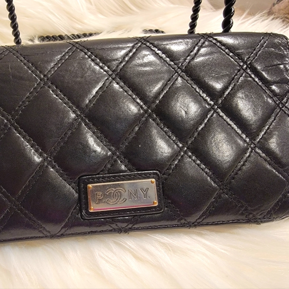 Vintage Chanel Aged Calfskin Quilted Paris New York PNY Wallet Black